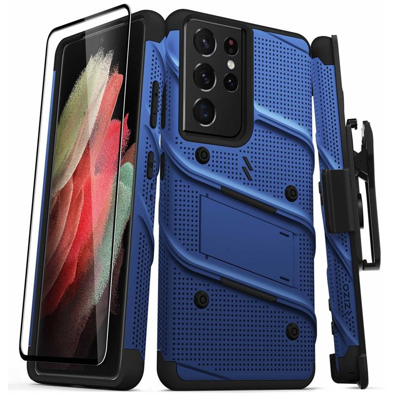 Zizo Distributor - 888488331904 - ZIZ104BLU - Zizo Bolt Cover - Samsung Galaxy S21 Ultra 5G armored case with 9H glass for the screen + stand & belt clip (red / black) - B2B homescreen