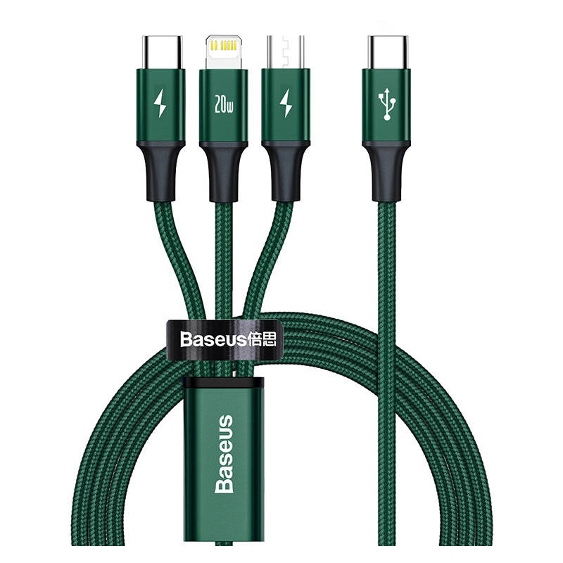 Baseus Distributor - 6953156204300 - BSU3094GRN - Baseus Rapid Series 3-in-1 cable USB-C micro USB / Lightning / USB-C, 20W, 1.5m (green) - B2B homescreen