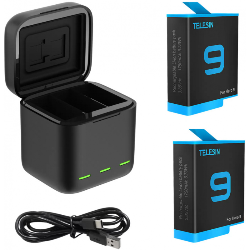 Telesin Distributor - 6972860171296 - TLS023 - Telesin 3-slot charger box for GoPro Hero 9 / Hero 10 + 2 batteries (GP-BNC-901) - B2B homescreen