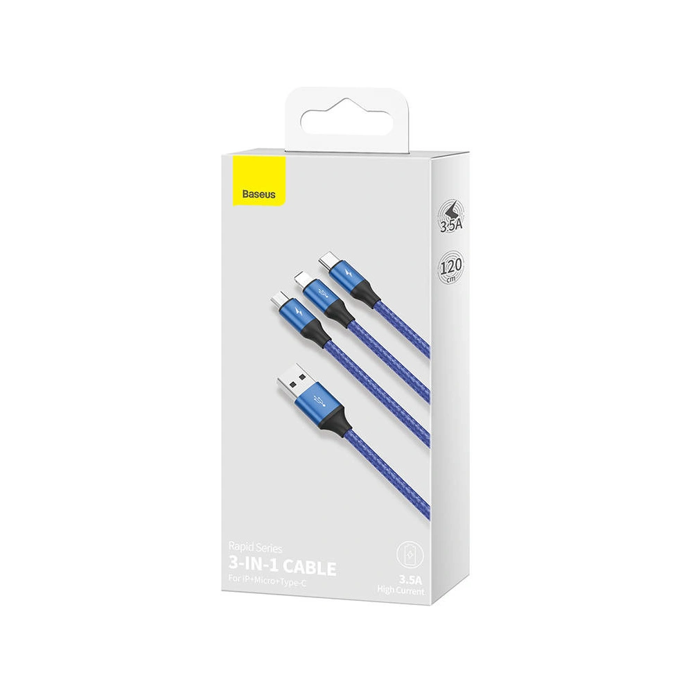 Hurtownia GSM - Kabel USB 3w1 Baseus Rapid Series, micro USB / Lightning / USB-C, 20W, 1.2m (modrý) - BSU3098BLU - {ean13} - Hurt