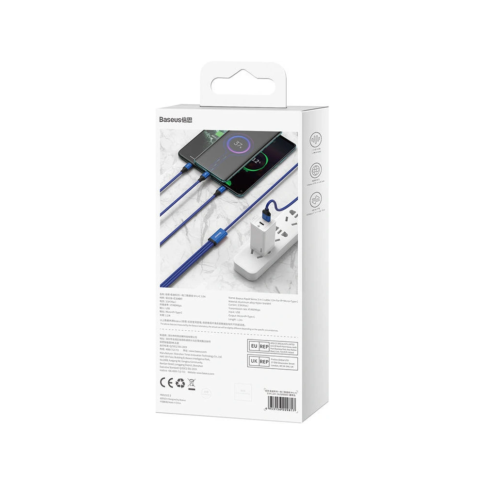 Hurtownia GSM - Kabel USB 3w1 Baseus Rapid Series, micro USB / Lightning / USB-C, 20W, 1.2m (modrý) - BSU3098BLU - {ean13} - Hurt