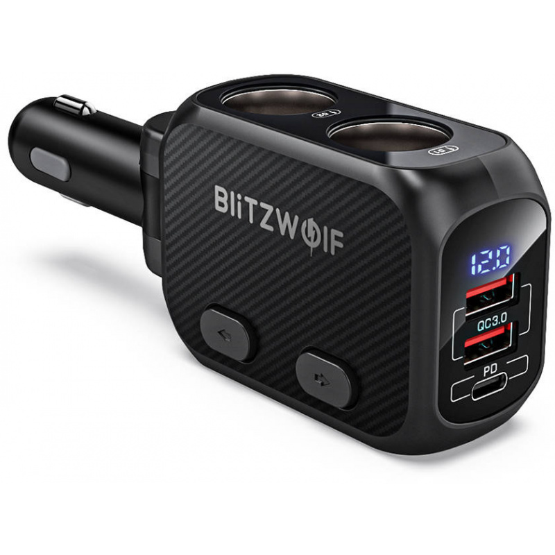 BlitzWolf Distributor - 5907489607582 - BLZ431BLK - BlitzWolf BW-CLA1 Dual Cigarette Lighter Splitter, 2xUSB, USB-C, 150W (black) - B2B homescreen