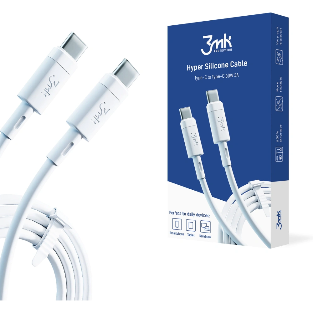 Hurtownia GSM - Kabel 3MK HyperSilicone USB-C - USB-C 60W 3A 1m bílý - 3MK2622 - {ean13} - Hurt