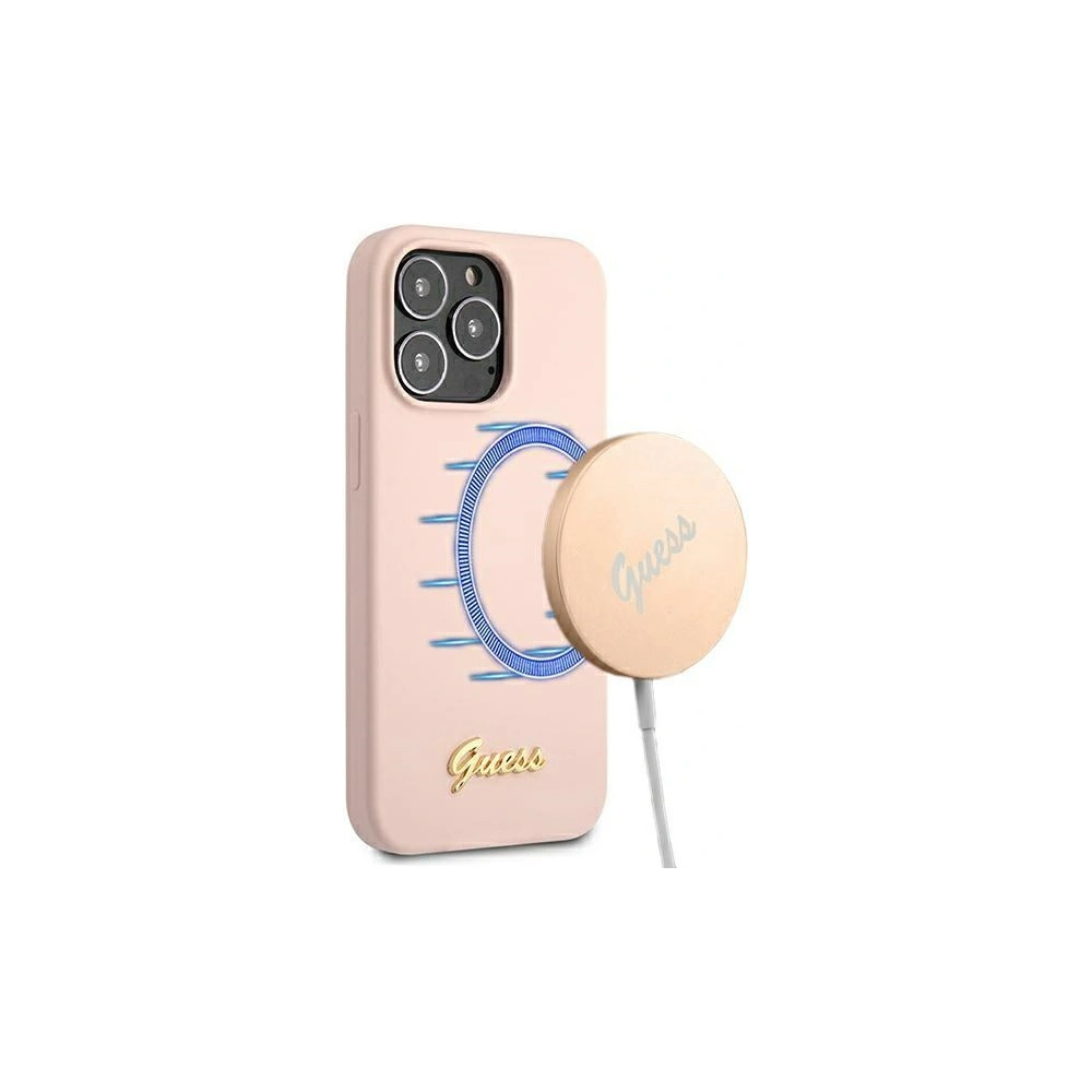 Wholesale Guess GUHMP13XLSLMGLP Apple iPhone 13 Pro Max light pink hardcase Silicone Script Gold Logo Magsafe - GUE1629PNK - {ean13} - Hurt