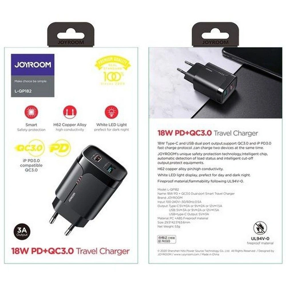 Hurtownia GSM - Ładowarka sieciowa Joyroom L-QP182 2-port Network Charger 18W PD 3.0 QC 3.0 Black - JYR083BLK - {ean13} - Hurt