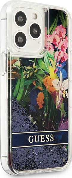 Kryt Guess GUHCP13LLFLSB Apple iPhone 13 Pro blue hardcase Flower Liquid Glitter