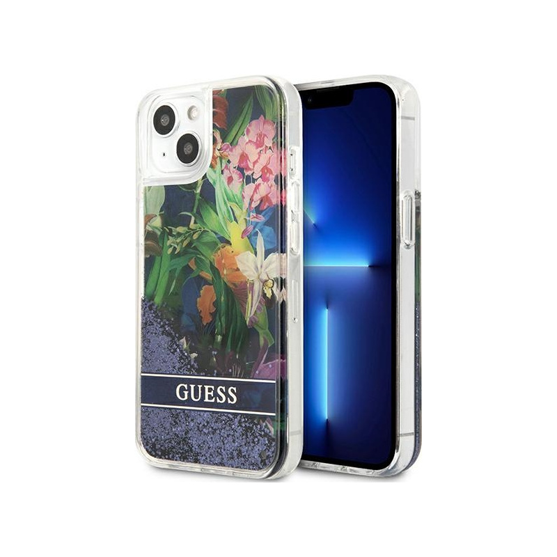 Guess Distributor - 3666339041236 - GUE1680BLU - Guess GUHCP13SLFLSB Apple iPhone 13 mini blue hardcase Flower Liquid Glitter - B2B homescreen