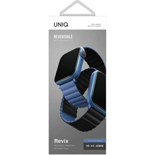 Pasek UNIQ Revix Apple Watch 4/5/6/7/SE/8/9/Ultra 44/45/49mm Reversible Magnetic czarny-niebieski/black-blue