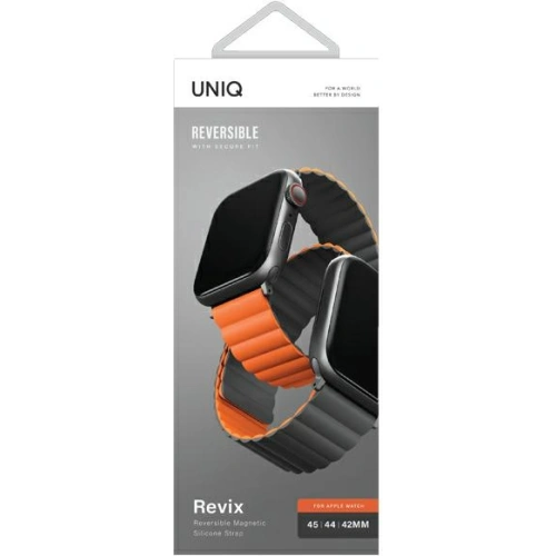 Pasek UNIQ Revix Apple Watch 4/5/6/7/SE/8/9/Ultra 44/45/49mm Reversible Magnetic szary-pomarańczowy/grey-orange