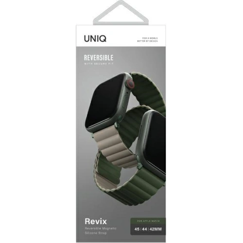 Pasek UNIQ Revix Apple Watch 4/5/6/7/SE/8/9/Ultra 44/45/49mm Reversible Magnetic zielony-ciemnoszary/green-taupe