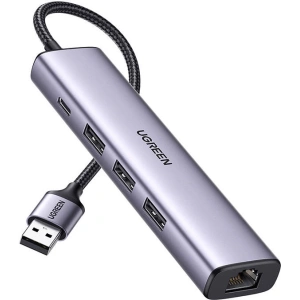 Adapter UGREEN 5w1 USB-A do 3x USB 3.0 + RJ45 + USB-C (srebrny)
