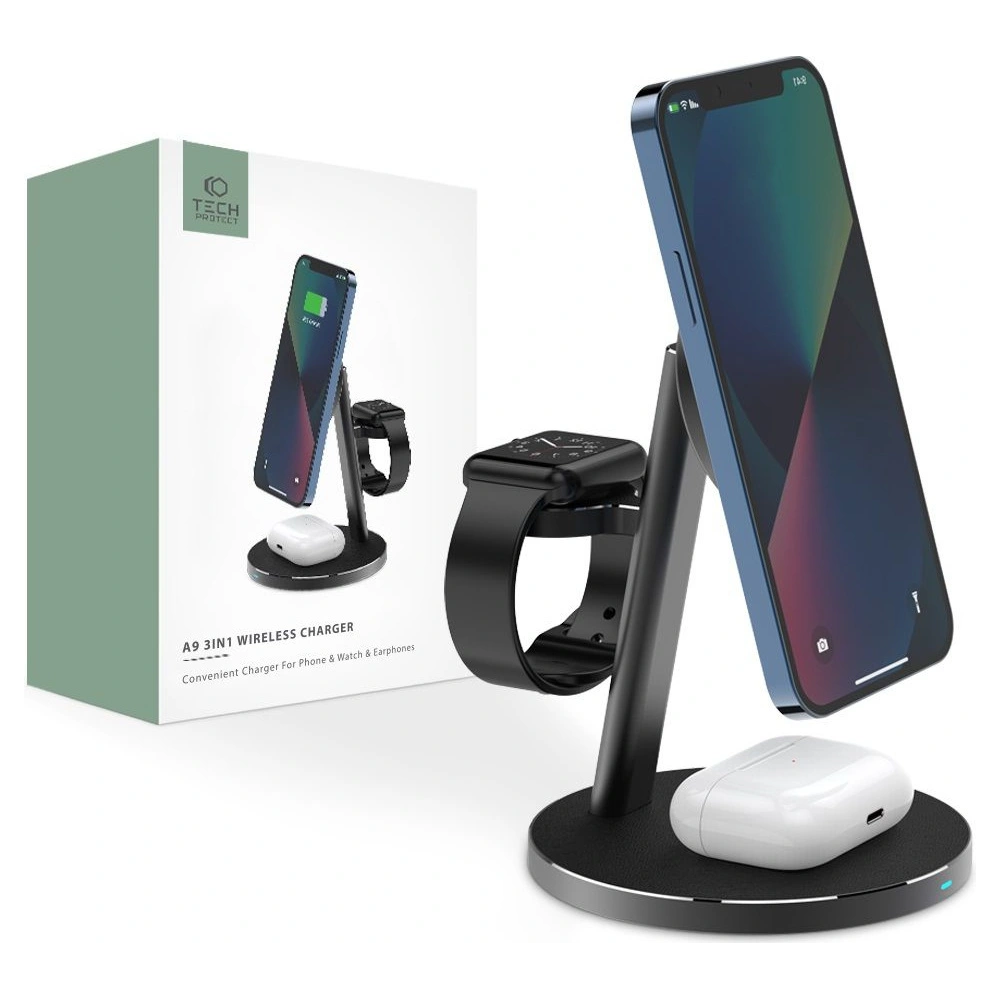 Hurtownia GSM - Bezdrátová nabíječka Tech-Protect A9 3in1 Magnetic MagSafe Wireless Charger Black - THP1030BLK - {ean13} - Hurt
