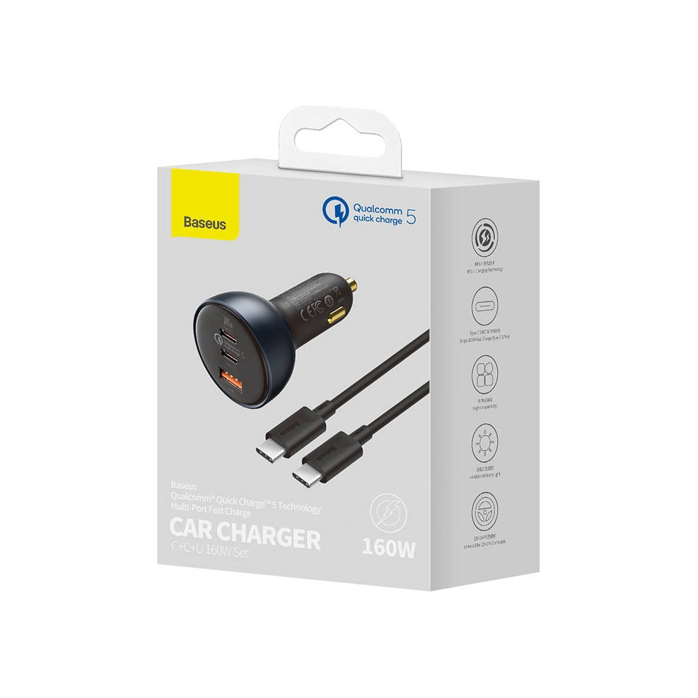Hurtownia GSM - Ładowarka samochodowa Baseus Qualcomm, USB, 2x USB-C, 160W (szara) - BSU3243GRY - {ean13} - Hurt