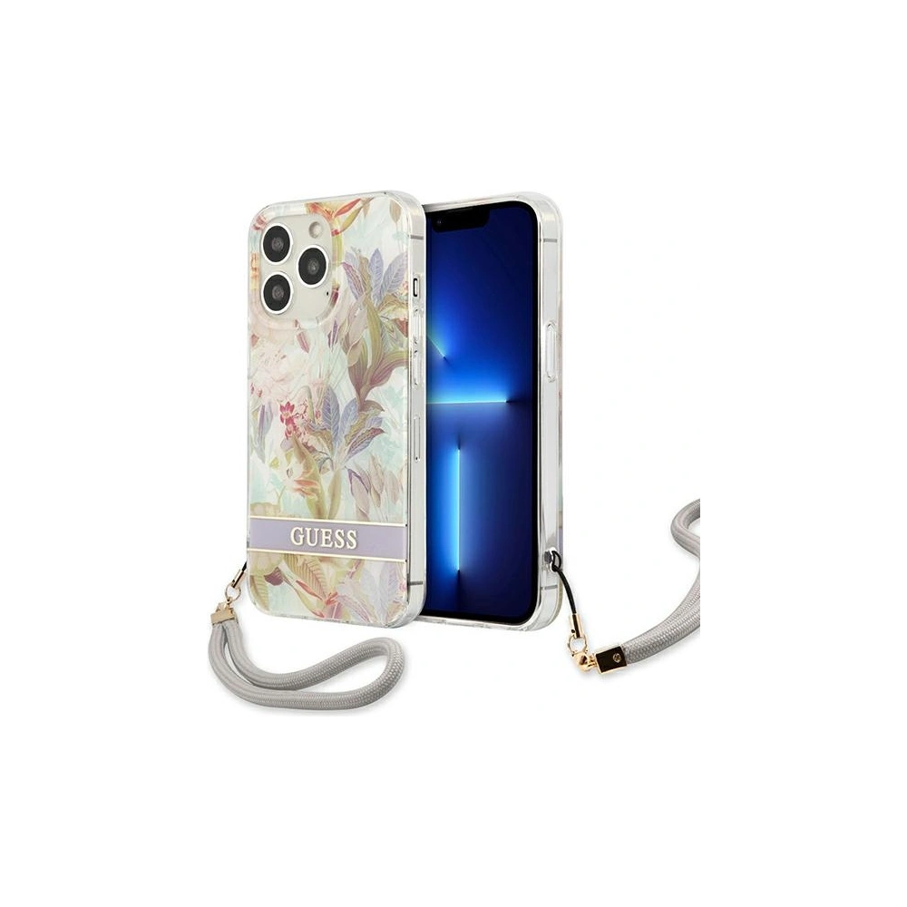 Wholesale Guess GUHCP13LHFLSU Apple iPhone 13 Pro purple hardcase Flower Strap - GUE1762PRP - {ean13} - Hurt