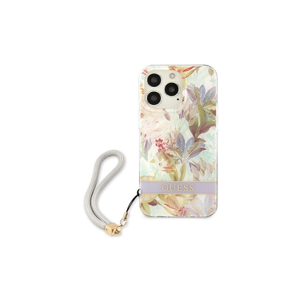 Wholesale Guess GUHCP13LHFLSU Apple iPhone 13 Pro purple hardcase Flower Strap - GUE1762PRP - {ean13} - Hurt