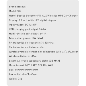 Hurtownia GSM - Transmiter FM Baseus F40 Bluetooth port AUX nabíječka do auta 2x USB 15W 2A černá - BSU3273BLK - {ean13} - Hurt