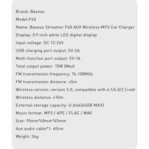 Transmiter FM Baseus F40 Bluetooth port AUX ładowarka samochodowa 2x USB 15W 2A czarny