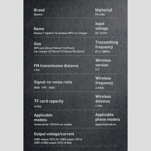Transmiter FM Baseus S-16 Bluetooth 5.0 2x USB ładowarka samochodowa AUX MP3 TF micro SD 3,1 A czarny