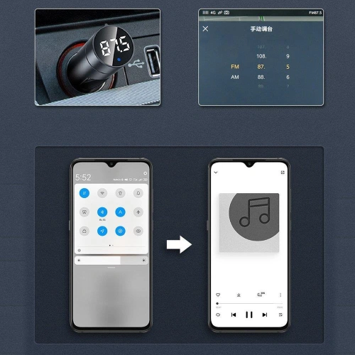 Transmiter FM Baseus Bluetooth 5.0 ładowarka samochodowa 2x USB 3 A 18 W PPS Quick Charge 3.0 AFC FCP grafitowy