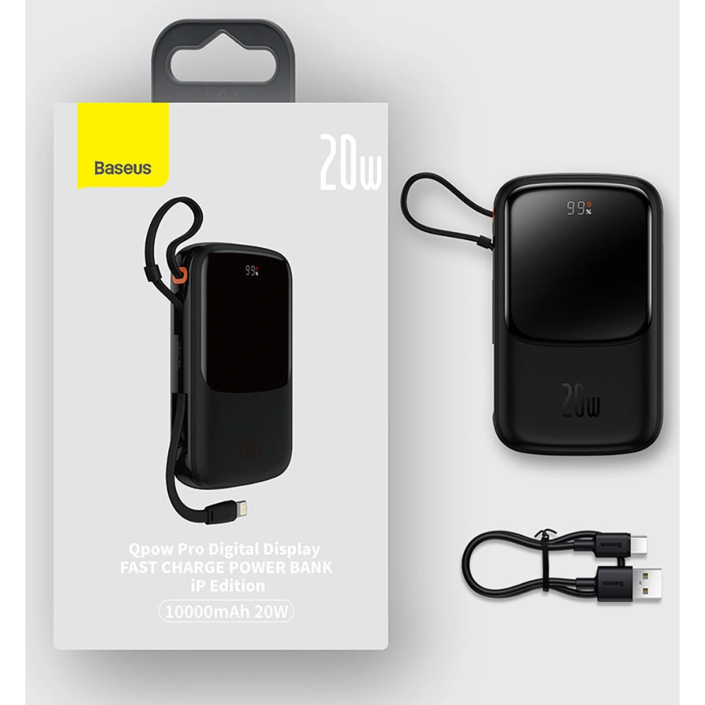 Wholesale Baseus Qpow powerbank 10000mAh built-in Lightning 20W Quick Charge cable SCP AFC FCP black - BSU3284BLK - {ean13} - Hurt