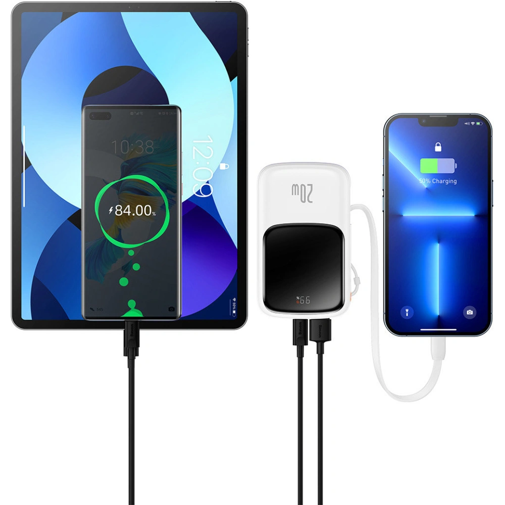 Wholesale Baseus Qpow powerbank 10000mAh built-in Lightning 20W Quick Charge cable SCP AFC FCP white - BSU3285WHT - {ean13} - Hurt