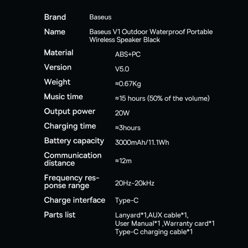 Bezprzewodowy głośnik bluetooth Baseus V1 wodoodporny czarny