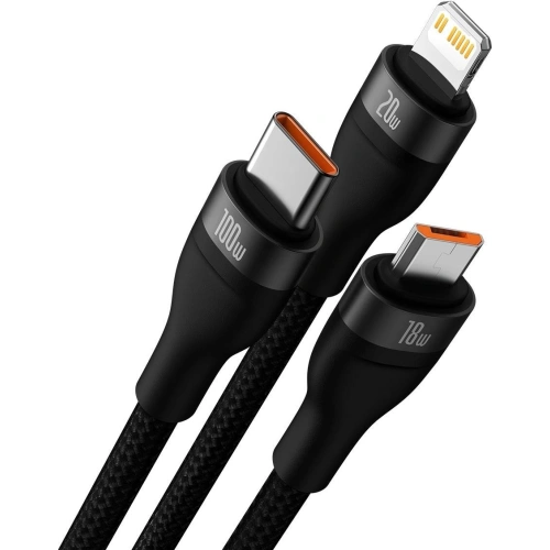 Kabel 3w1 Baseus Flash Series II USB-C/USB-A  - USB-C, Lightning, micro USB 100W 1,2m czarny
