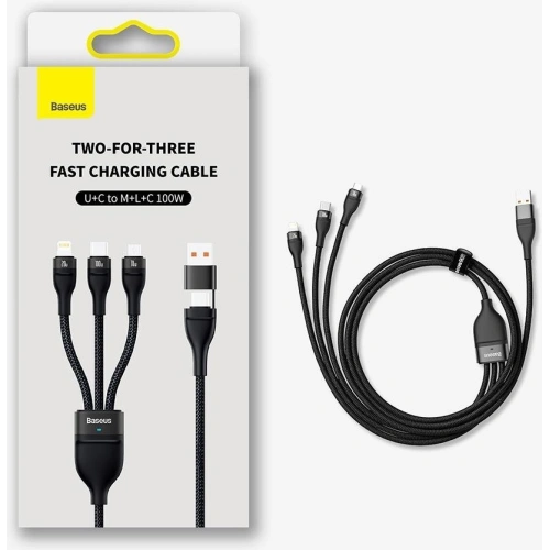 Kabel 3w1 Baseus Flash Series II USB-C/USB-A  - USB-C, Lightning, micro USB 100W 1,2m czarny