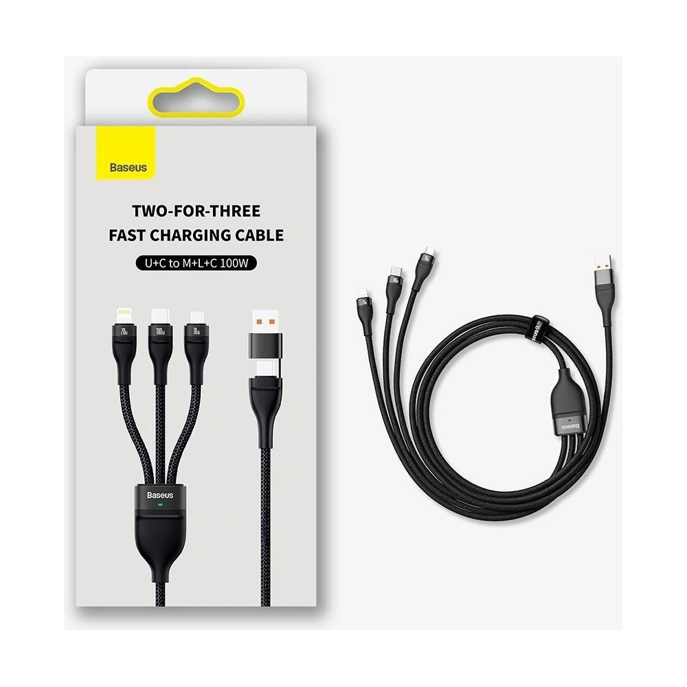 Hurtownia GSM - Kabel 3w1 Baseus Flash Series II USB-C/USB-A - USB-C, Lightning, micro USB 100W 1,2m černý - BSU3332BLK - {ean13} - Hurt