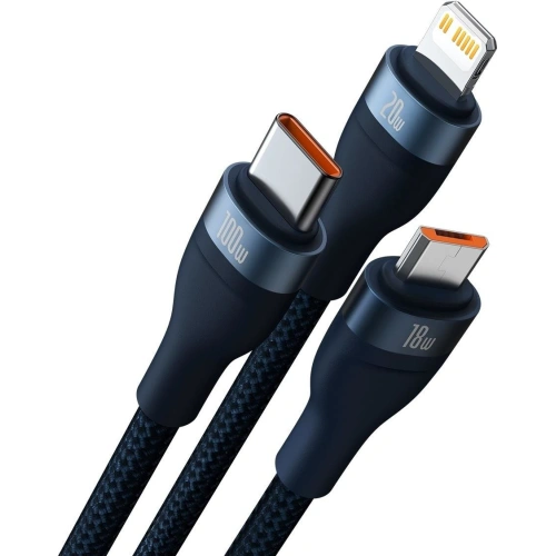 Kabel 3w1 Baseus Flash Series II USB-C/USB-A  - USB-C, Lightning, micro USB 100W 1,2m niebieski