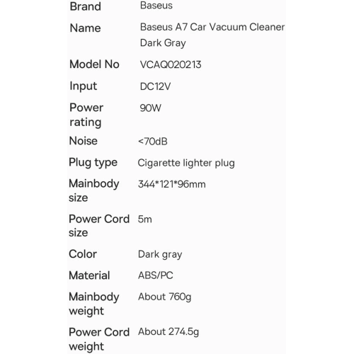 Odkurzacz samochodowy Baseus A7 90W 6000Pa ciemnoszary