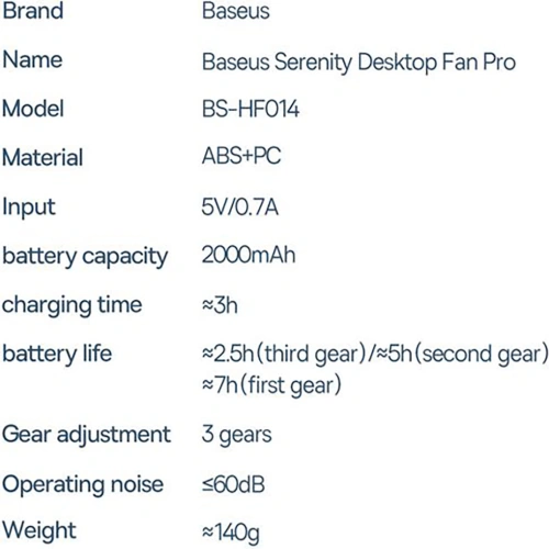 Wentylator biurkowy Baseus Serenity Fan Pro biały
