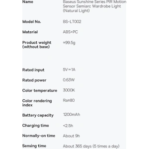 Wholesale Baseus Sunshine Series wardrobe light with PIR motion detector 1200 mAh white - BSU3337WHT - {ean13} - Hurt