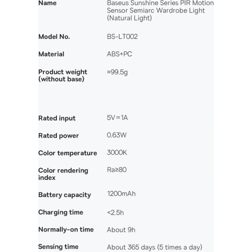 Lampka do szafy Baseus Sunshine Series z czujnikiem ruchu PIR 1200mAh biała