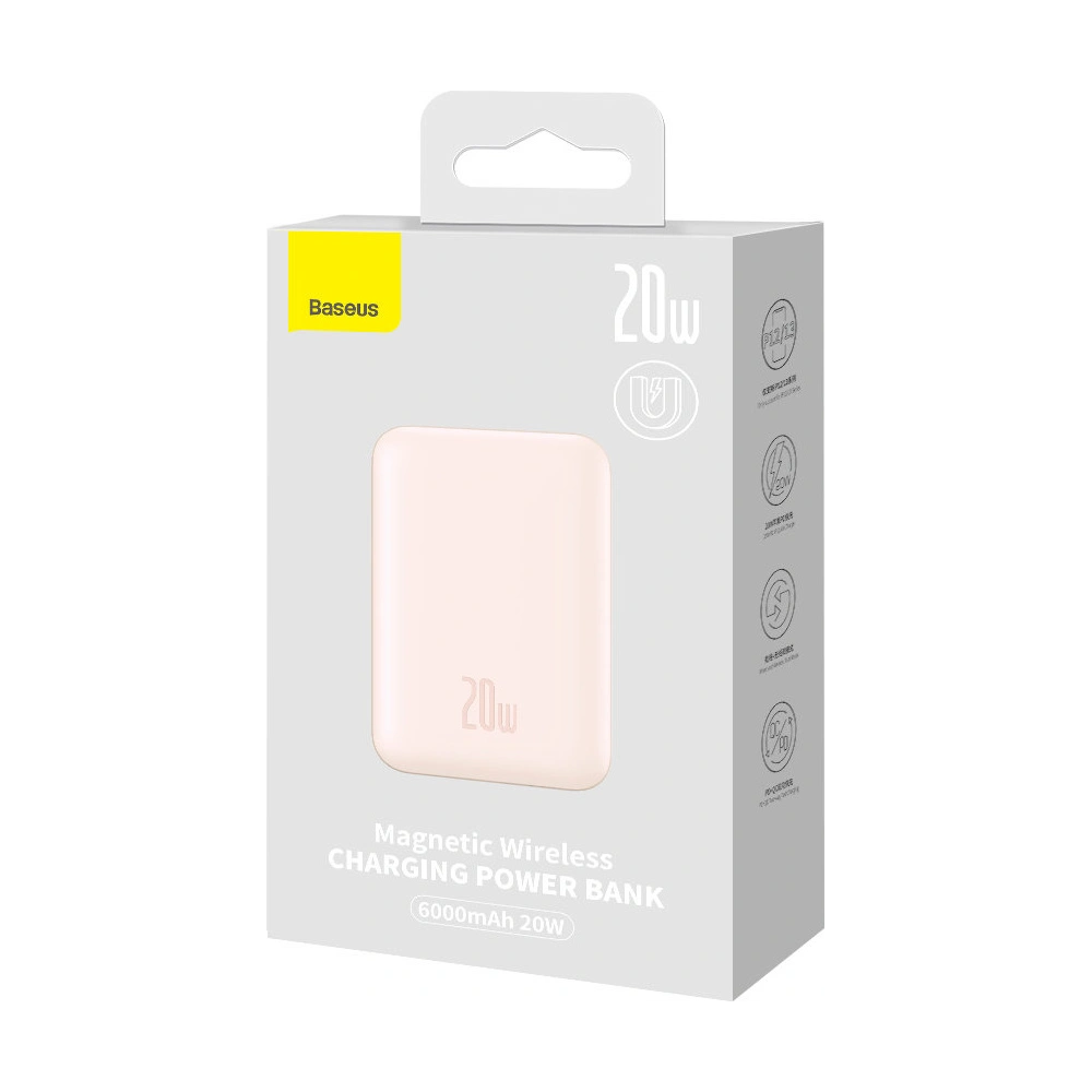Powerbank Baseus magnetický 6000mAh 20W + kabel USB Typ C 60W 50cm růžový