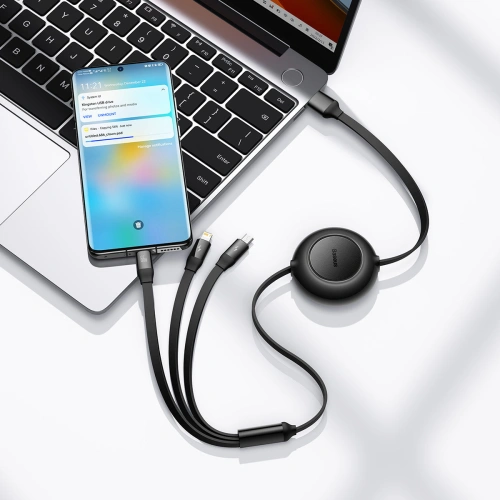 Zwijany kabel 3w1 Baseus Bright Mirror 2 USB-A - micro USB + Lightning + USB-C 66W 1.1m czarny