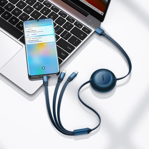 Zwijany kabel 3w1 Baseus Bright Mirror 2 USB-A - micro USB + Lightning + USB-C 66W 1.1m niebieski