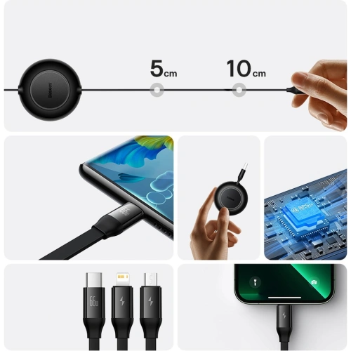 Zwijany kabel 3w1 Baseus Bright Mirror 2 USB-A - micro USB + Lightning + USB-C 66W 1.1m niebieski