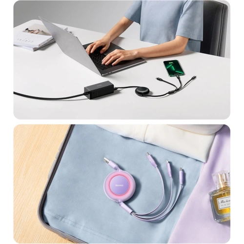 Zwijany kabel 3w1 Baseus Bright Mirror 2 USB-A - micro USB + Lightning + USB-C 66W 1.1m niebieski