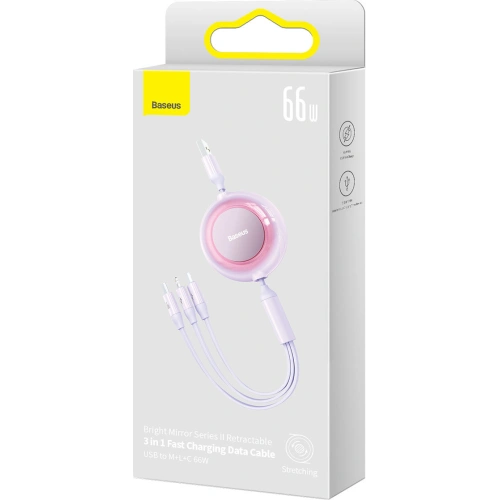 Zwijany kabel 3w1 Baseus Bright Mirror 2 USB-A - micro USB + Lightning + USB-C 66W 1.1m fioletowy