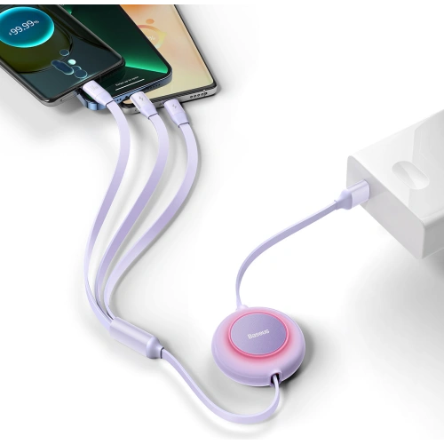 Zwijany kabel 3w1 Baseus Bright Mirror 2 USB-A - micro USB + Lightning + USB-C 66W 1.1m fioletowy