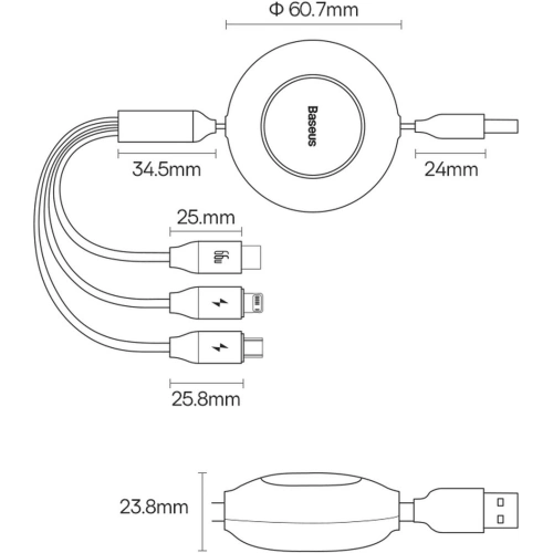 Zwijany kabel 3w1 Baseus Bright Mirror 2 USB-A - micro USB + Lightning + USB-C 66W 1.1m fioletowy