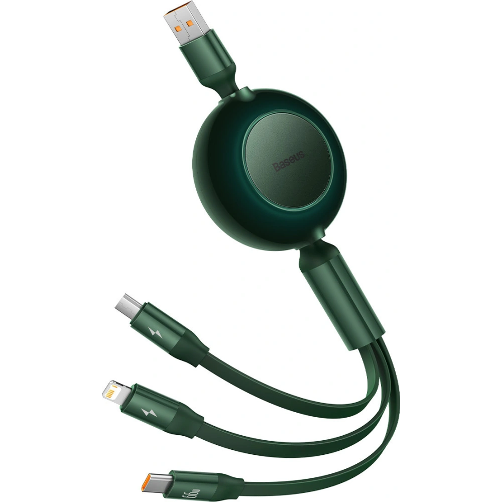 Zavinutý kabel 3w1 Baseus Bright Mirror 2 USB-A - micro USB + Lightning + USB-C 66W 1.1m zelený