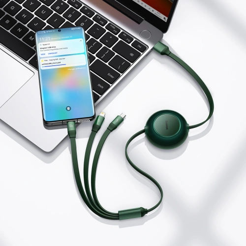 Zwijany kabel 3w1 Baseus Bright Mirror 2 USB-A - micro USB + Lightning + USB-C 66W 1.1m zielony