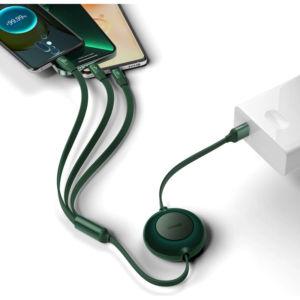 Zavinutý kabel 3w1 Baseus Bright Mirror 2 USB-A - micro USB + Lightning + USB-C 66W 1.1m zelený