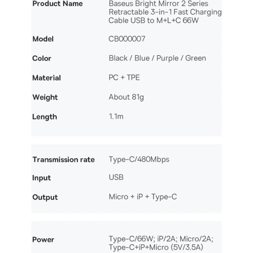 Zwijany kabel 3w1 Baseus Bright Mirror 2 USB-A - micro USB + Lightning + USB-C 66W 1.1m zielony
