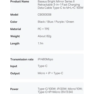 Hurtownia GSM - Zwijany kabel 3w1 Baseus Bright Mirror 2 USB-C - micro USB + Lightning + USB-C 3.5A 1.1m czarny - BSU3361BLK - {ean13} - Hurt