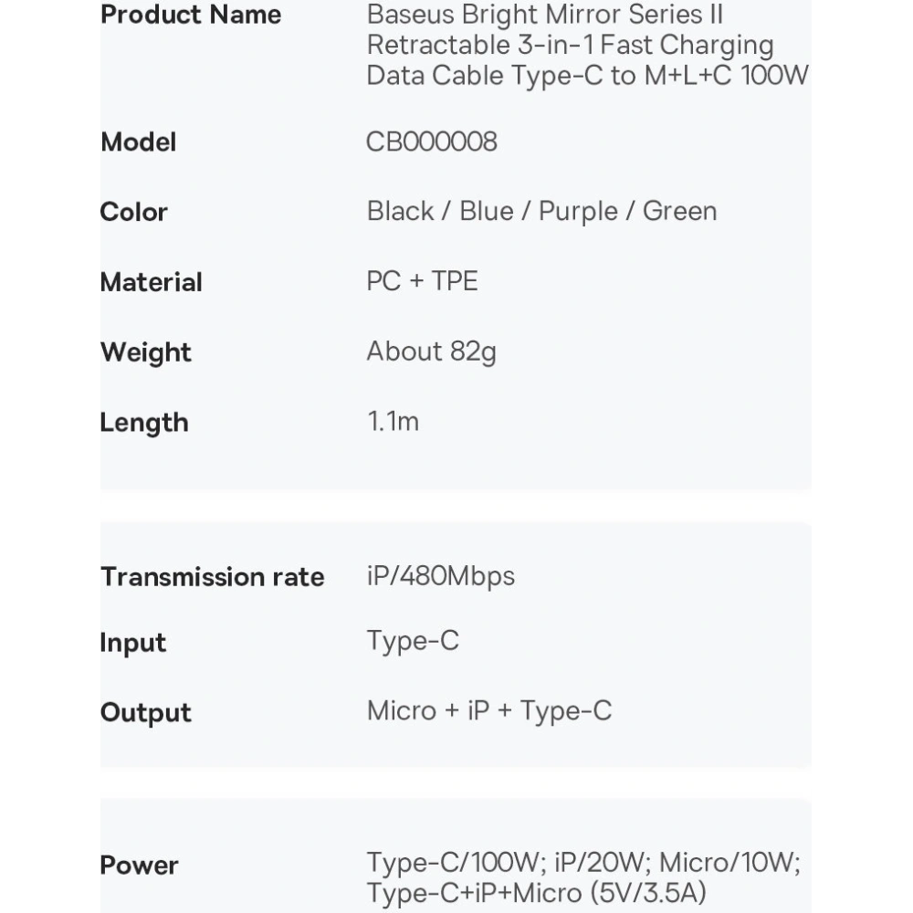 Zavíratelný kabel 3w1 Baseus Bright Mirror 2 USB-C - micro USB + Lightning + USB-C 3.5A 1.1m černý