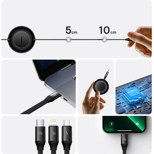 Zwijany kabel 3w1 Baseus Bright Mirror 2 USB-C - micro USB + Lightning + USB-C 3.5A 1.1m czarny
