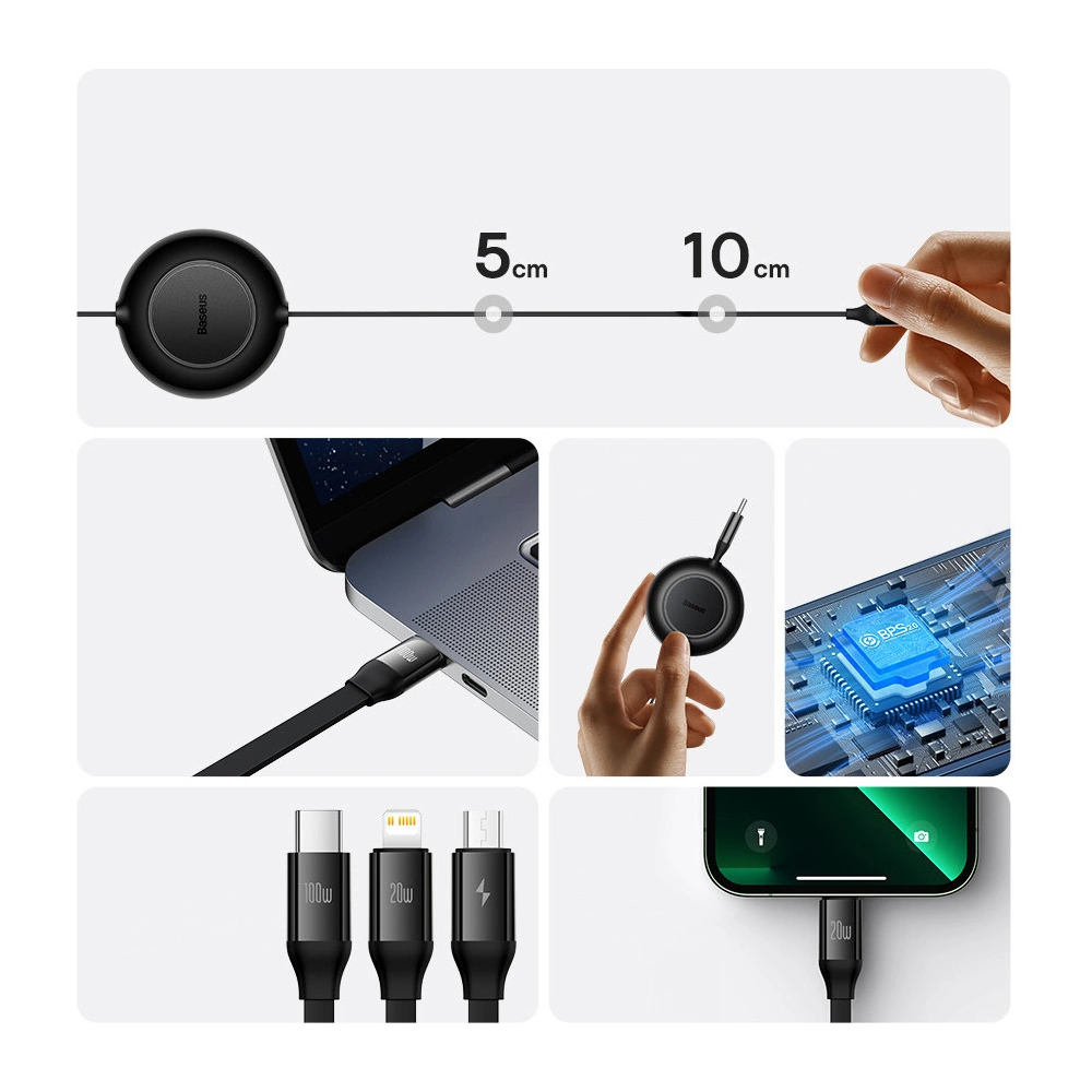 Zavíratelný kabel 3w1 Baseus Bright Mirror 2 USB-C - micro USB + Lightning + USB-C 3.5A 1.1m černý